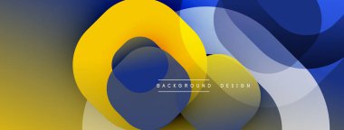 Soyut şekiller örtüşür, dinamik bileşim yaratır. Sarı, mavi, beyaz renkler düzgün bir şekilde harmanlanır. Arka planlar için modern tasarım ögesi.