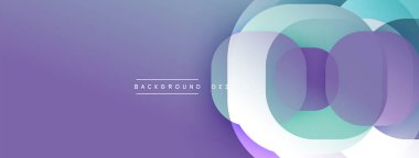 Soyut tasarım özellikleri üst üste binen daireler, gradyan mor arkaplan. Minimalist metin elemanı mevcut. Modern, temiz estetik.