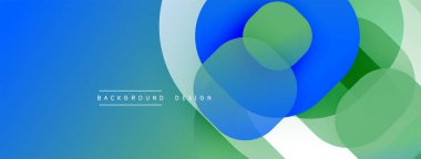 Soyut şekiller örtüşüyor, parlak mavi, yeşil gradyanlar yaratıyor. Modern tasarım teknoloji, yenilik, temiz estetik öneriyor. Arkaplanda metin ögeleri.