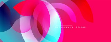 Soyut renkli çakışan daireler dinamik pankart oluşturur. Gradyan gölgeler harmanlanarak modern tasarım elementi oluşturur. Parlak renkler kompozisyona hakim.