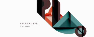 Soyut geometrik tasarım katmanlı şekiller, kalın renkler içerir. Kahverengi, deniz mavisi, turuncu renkler dinamik bileşim oluşturur. Minimalist tarz, modern estetik. Temiz çizgiler, düz vektör çizimi.