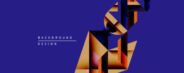 Soyut geometrik şekiller dinamik bileşim oluşturur. Ilık renkler koyu mavi arkaplanla tezat oluşturur. Dijital projeler için modern tasarım ögesi.