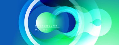 Soyut daireler, canlı maviler, yeşiller dinamik arkaplan oluşturur. Yumuşak eğimler, modern tasarım elementleri mevcut.