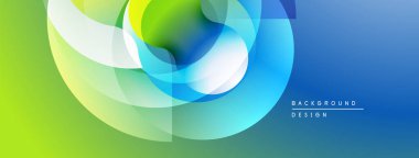 Soyut renkli tasarım. Üstüste binen yarı saydam şekiller dinamik görsel efekt yaratır. Gradyan yeşil, mavi, sarı renkleri harmanlıyor.