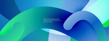 Soyut sıvı şekilleri, mavi yeşil gradyanlar. Modern tasarım, düz kıvrımlar, dinamik kompozisyon. Minimalist estetik, canlı renkler.