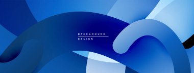 Soyut mavi tasarım. Düz kıvrımlar üst üste biniyor, dinamik katmanlar oluşturuyor. Dereceli gölgeler derinlik sunar, modern estetik.
