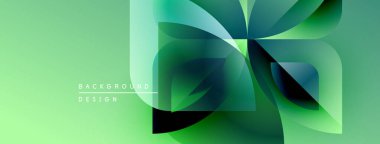 Soyut geometrik tasarım. Yeşil renkler baskın, modern görsel efekt yaratıyor. Şekiller örtüşüyor, dinamik bileşim oluşturuyor. Minimalist stil.
