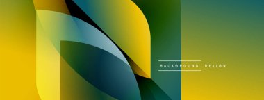 Soyut geometrik şekiller, canlı sarı, yeşil, deniz mavisi renklerini harmanlarlar. Modern tasarım dinamik hareket, temiz estetik.