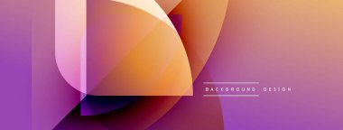 Soyut kompozisyon özellikleri üst üste binen şekiller, gradyanlar. Mor, turuncu renkler tasarımda baskın. Modern estetik, temiz çizgiler sunar.