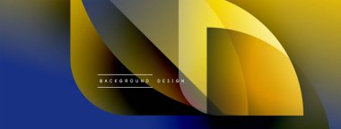 Soyut geometrik şekiller örtüşüyor, canlı renk eğimleri yaratıyor. Tasarım sarı, mavi, turuncu renklere sahiptir. Minimalist tarz, modern estetik.