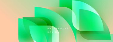 Soyut gradyanlar harmanlanır ve dinamik şekiller yaratır. Yumuşak şeftali, canlı yeşil renkler kompozisyona hakim. Modern tasarım ögesi.