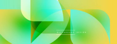 Soyut tasarım özellikleri üst üste binen şeffaf şekiller. Renkler yeşillikler, sarılar, turkuazlar. Modern estetik, pürüzsüz gradyanlar görsel ilgi yaratıyor.