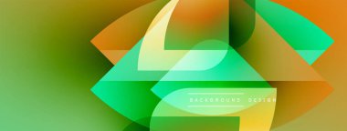 Soyut geometrik şekiller örtüşür, canlı gradyanlar yaratır. Yeşil, turuncu, sarı renkler tasarımda baskın. Modern estetik.