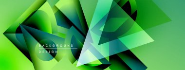 Soyut geometrik şekiller örtüşür, canlı yeşil gradyan arkaplan oluşturur. Modern tasarım elementleri dinamik bileşimi önerir.