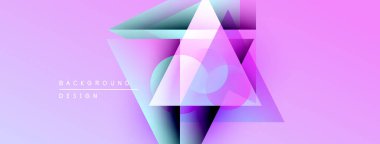 Soyut geometrik şekiller örtüşüyor, canlı mor ve mavi renkler yaratıyor. Metin elementli minimalist tasarım. Modern estetik.