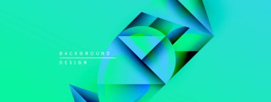 Soyut geometrik şekiller örtüşür, dinamik turkuaz eğimleri yaratır. Canlı tasarım modern teknoloji, yenilik ve enerji öneriyor.