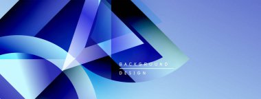 Soyut geometrik şekiller, mavi renkler baskın gelir. Gradyan etkiler derinlik yaratır, modern tasarım unsuru. Arkaplan teknoloji ve yenilik öneriyor.
