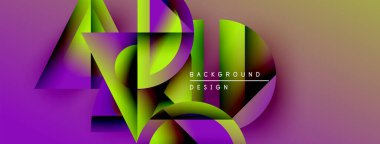 Soyut geometrik şekiller örtüşüyor, canlı mor ve yeşil renkler yaratıyor. Metin arka plan dizaynını sağ merkezde okuyor. Modern görsel kompozisyon.