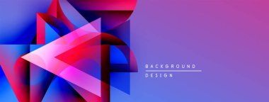 Soyut geometrik şekiller örtüşüyor, canlı renk eğimleri yaratıyor. Mor arkaplan karşıtlık sağlar, metin arkaplan tasarımı okur.