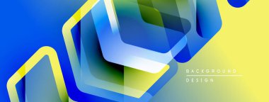Soyut geometrik şekiller, canlı renklerin karışımı. Mavi, sarı, yeşil modern tasarımı yaratır. Yumuşak eğimler, katmanlı efektler.