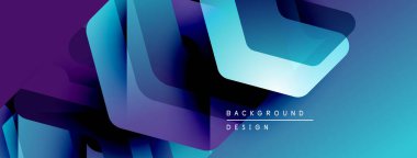 Soyut geometrik şekiller örtüşür ve dinamik bir değişim etkisi yaratır. Mavi, mor renkler tasarıma egemen, modern estetik.
