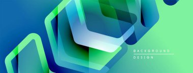 Soyut geometrik şekiller örtüşür, parlak mavi, yeşil eğimler yaratır. Modern tasarım teknoloji, yenilik, akıcılık öneriyor..