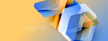 Soyut geometrik şekiller örtüşüyor, canlı renk eğimleri yaratıyor. Yumuşak sarı arka plan mavi, turuncu renkleri tamamlar. Modern tasarım ögesi.