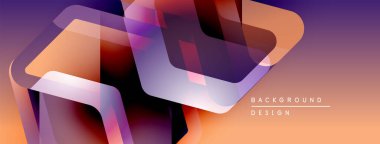 Soyut geometrik şekiller örtüşüyor, canlı renk eğimleri yaratıyor. Turuncu, mor renkler tasarıma egemen, modern estetik.