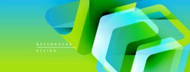 Soyut geometrik şekiller örtüşüyor, canlı yeşil, mavi gradyan yaratıyor. Modern tasarım teknoloji, yenilik ve enerji öneriyor.