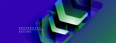 Soyut geometrik şekiller örtüşür, parlak mavi, yeşil eğimler yaratır. Modern tasarım elementleri teknoloji ve yenilik öneriyor.