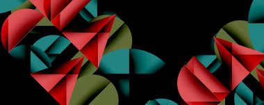 Soyut geometrik şekiller kalpleri oluşturur. Kırmızı, deniz mavisi, zeytin renkleri kompozisyona hakim. Minimalist tasarım, modern estetik.