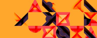 Soyut geometrik şekiller örtüşür, dinamik bileşim yaratır. Sıcak turuncu arka plan, kırmızı ve mor tonlarla çelişiyor. Modern tasarım.