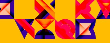 Soyut geometrik şekiller, canlı renkler sarı arkaplana hakim. Kalın çizgiler dinamik bileşim, modern tasarım estetik.