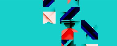 Soyut geometrik şekiller, canlı turkuaz arka plan. Katmanlı mavi formların arasında kırmızı bir şekil var. Minimalist tasarım, modern estetik.