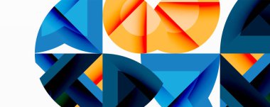 Soyut geometrik şekiller, mavi, turuncu renkler kompozisyona hakim. Temiz çizgiler, modern tasarım, minimalist estetik sunum.