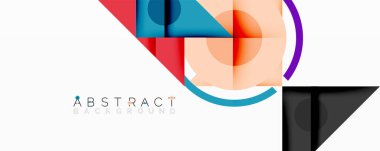 Geometrik şekiller örtüşür, canlı ve soyut bir tasarım yaratır. Kırmızı, deniz mavisi, turuncu, gri baskın kompozisyon. Modern estetik.