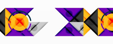 Soyut geometrik şekiller, canlı renkler, üst üste binen şekiller. Bileşik özellikler üçgenler, daireler, kareler, dinamik tasarım.