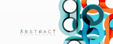 Modern soyut tasarım renkli çakışan daireler, kareler içerir. Temiz çizgiler dinamik görsel doku yaratır. Minimalist stil.