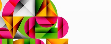 Soyut geometrik şekiller örtüşür, canlı renkli desenler yaratır. Modern tasarım parlak renkler ve temiz çizgiler kullanır..