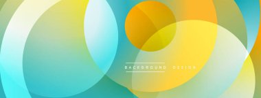 Soyut renkli çemberler örtüşüyor ve canlı bir arkaplan oluşturuyor. Pürüzsüz gradyanlar sarı, turuncu ve turkuaz renkleri harmanlarlar. Modern tasarım ögesi.