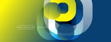 Soyut geometrik şekiller sarı, mavi ve yeşil renkleri harmanlarlar. Üst üste binen daireler dinamik görsel efekt yaratır. Modern tasarım ögesi.