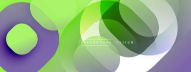 Soyut sıvı şekilleri, canlı yeşiller, morlar, beyazlar modern arka plan oluşturur. Yumuşak eğimler, üst üste binen biçimler hareket, derinlik.