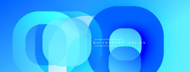 Soyut mavi katmanlar dinamik bileşim yaratır. Modern tasarım üst üste binen daireler, gradyanlar, metin elementleri içerir. Minimalist estetik.