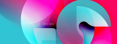 Soyut, enerjik bir arkaplan. Üst üste binen şekiller dinamik görsel efekt yaratır. Pembe, mavi, mor renkler kompozisyona hakim. Modern tasarım ögesi.