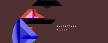 Soyut geometrik şekiller örtüşür, dinamik bileşim yaratır. Mavi, mor, turuncu renkler koyu kahverengi arkaplan ile tezat oluşturuyor. Dijital projeler için modern tasarım ögesi.