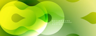 Soyut yeşil arkaplan. Üst üste binen sıvı şekilleri dinamik görsel efekt yaratır. Yumuşak eğimler, modern tasarım elementleri mevcut.