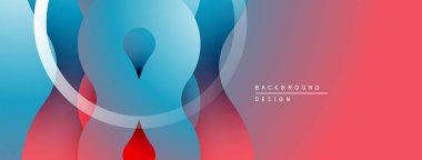 Soyut tasarım özellikleri üst üste binen daireler, gradyanlar. Mavi, kırmızı renkler modern görsel efekt yaratır. Minimalist stil.
