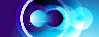 Soyut tasarım katmanlı daireler, canlı maviler, morlar. Pürüzsüz gradyanlar dinamik görsel efekt yaratır. Modern, temiz estetik.