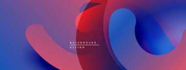 Soyut akışkan şekiller harmanlanır ve canlı gradyanlar oluşturur. Kırmızı, mavi, mor renkler kompozisyona hakim. Modern tasarım ögesi.
