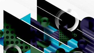 Soyut geometrik bileşim. Şekiller çakışıyor, dinamik görsel etki yaratıyor. Renkler arasında maviler, yeşiller, morlar, beyazlar var. Modern tasarım.